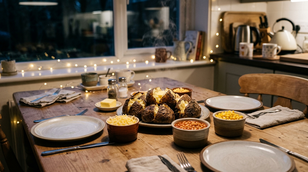 Jacket potatoes and toppings on a cosy family table